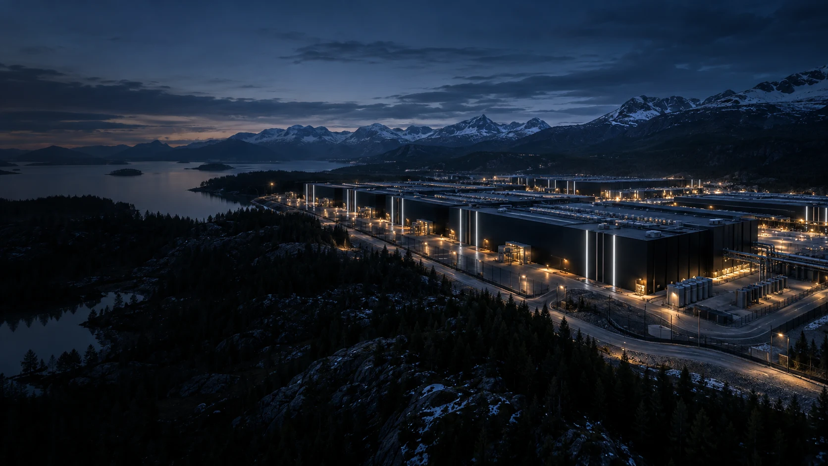Concept of a modular GII data centre campus beside a Nordic fjord at dusk