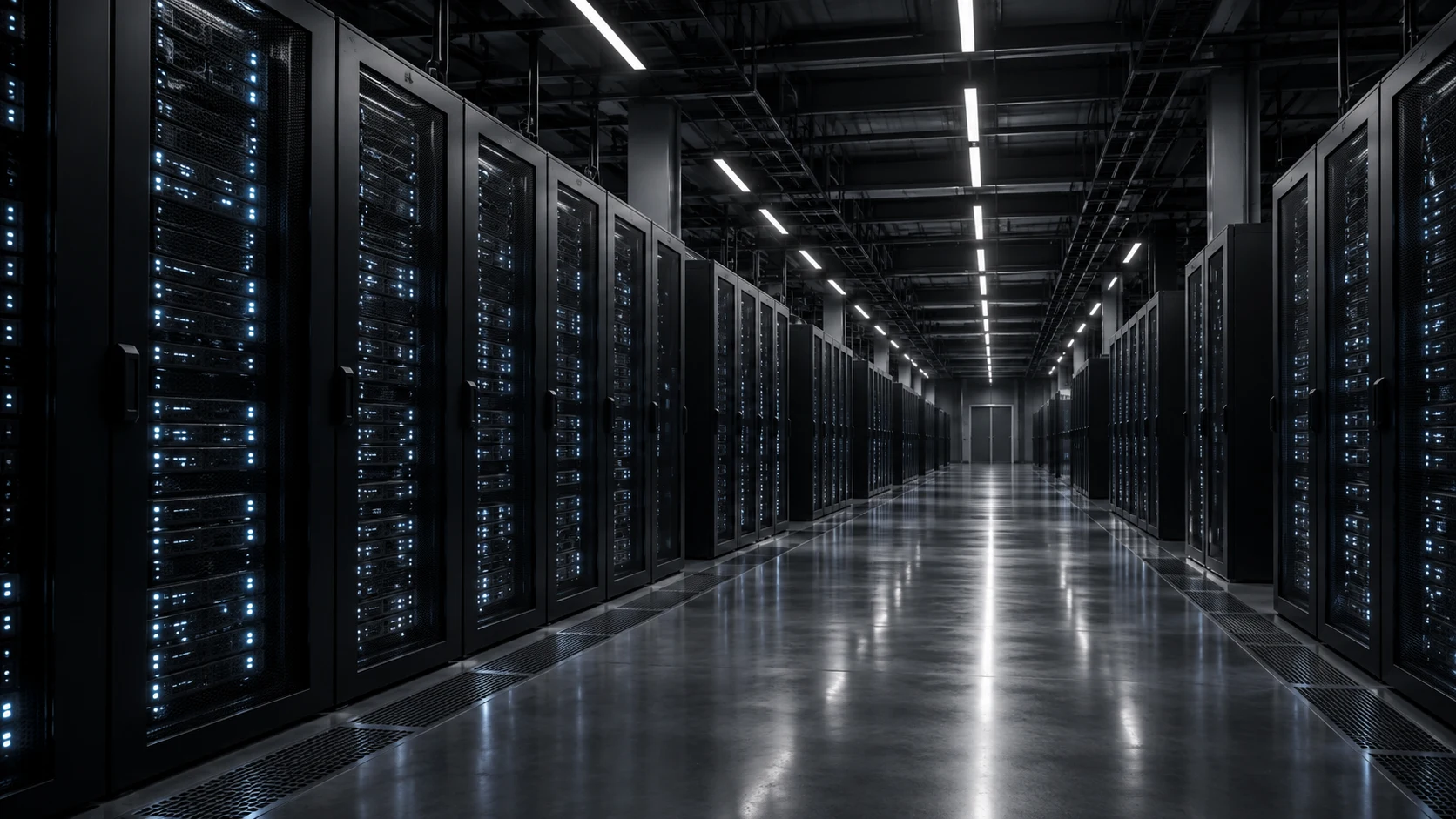 Concept of a high-density AI compute hall with illuminated server racks